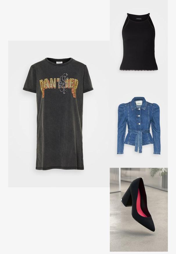 Jeansowa kurtka z pasem w talii, dopasowaną górą i bufiaste ramiona. Średni niebieski kolor, usztywniony fason oraz zapięcie na guziki z przodu.; Czarna bawełniana koszulka z krótkim rękawem, zdobiona wzorem w panterę oraz grafiką z napisem "PANTHER". Luźny krój, okrągły dekolt.; Czarny ribbed top na ramiączkach z falbaniastym koronkowym wykończeniem u dołu. Posiada cienkie ramiączka i dopasowany krój. Wykonany z rozciągliwego materiału.; Czarna szpilka o spiczastym nosie, z teksturowaną powierzchnią i intensywnie różowym wnętrzem. Posiada masywny obcas z srebrnym akcentem.