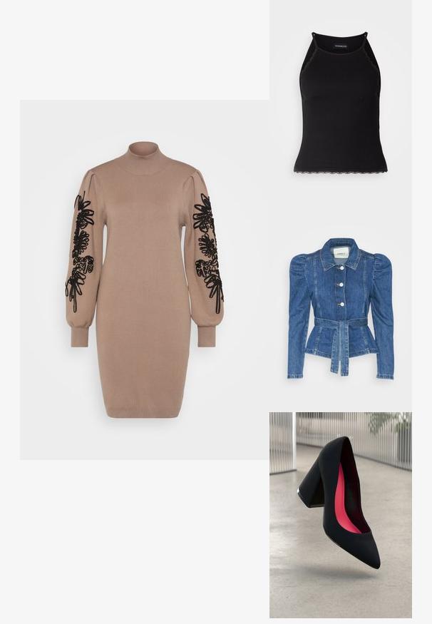 Giacca in denim con vita cintrata, corpino aderente e spalle imbottite. Colore blu medio, design strutturato e chiusura frontale con bottoni.; Abito a maglia beige con colletto alto. Le maniche lunghe presentano ricami floreali neri. Vestibilità slim con polsini e orlo a costine.; Top in maglia nera a coste con bordo in pizzo ondulato all'orlo. Presenta spalline sottili e un design aderente. Realizzato in tessuto elasticizzato.; Scarpa con tacco alto nera, con punta affusolata, superficie testurizzata e un vivace interno rosa. Presenta un tacco spesso con un accento argentato.
