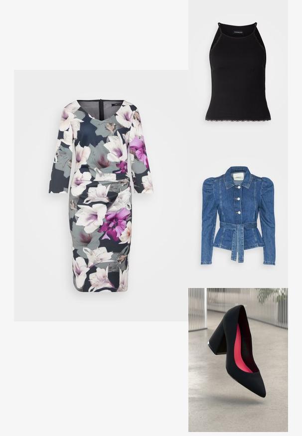 Veste en denim avec une taille ceinturée, un buste ajusté et des épaules bouffantes. Couleur bleu moyen, design structuré et fermetures à boutons sur le devant.; Robe à imprimé floral avec un fond sombre, ornée de lys violets et blancs. Décolleté en V, manches trois-quarts et silhouette ajustée.; Débardeur noir à côtes avec une bordure en dentelle festonnée à l'ourlet. Présente des bretelles fines et une coupe ajustée. Fabriqué en tissu extensible.; Chaussure à talon noir avec un bout pointu, surface texturée et un intérieur rose vif. Dotée d'un talon épais avec un accent en argent.