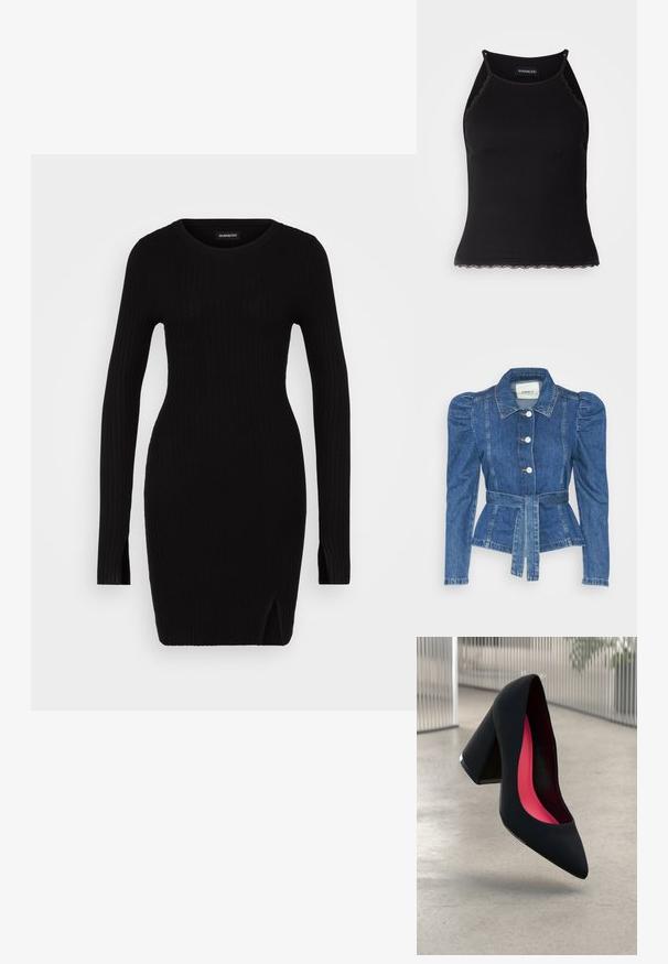 Jachetă din denim cu talie cu curea, bust ajustat și umeri bufanți. Culoare albastră medie, design structurat și închidere cu nasturi în față.; Rochie neagră din tricot cu nervuri, cu mâneci lungi, decolteu rotund, slituri laterale și siluetă ajustată, evidențiind o textură netedă și un design minimalist.; Top de bumbac negru cu nervuri, cu dantelă ondulată la margine. Are bretele subțiri și un design ajustat. Fabricat din material elastic.; Cămașă cu toc înalt, neagră, cu vârful ascuțit, suprafață texturată și interior de un roz vibrant. Dispune de un toc gros cu accent argintiu.