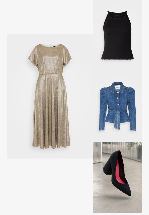 Jeansowa kurtka z pasem w talii, dopasowaną górą i bufiaste ramiona. Średni niebieski kolor, usztywniony fason oraz zapięcie na guziki z przodu.; Maxi sukienka z metalicznej złotej tkaniny, z krótkimi rękawami, okrągłym dekoltem i zgromadzoną talią, przechodzącą w plisowaną spódnicę.; Czarny ribbed top na ramiączkach z falbaniastym koronkowym wykończeniem u dołu. Posiada cienkie ramiączka i dopasowany krój. Wykonany z rozciągliwego materiału.; Czarna szpilka o spiczastym nosie, z teksturowaną powierzchnią i intensywnie różowym wnętrzem. Posiada masywny obcas z srebrnym akcentem.