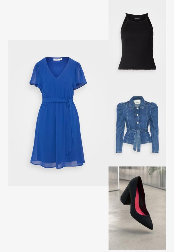 Džinsu jaka ar jostas vidukli, pieguļošu augšdaļu un pūšām plecu daļām. Vidēji zila krāsa, strukturēts dizains un priekšējie pogu aizdarījumi.; Zila apģērba kleita ar V veida dekoltē, īsām plīvurošām piedurknēm, pieguļošu jostas saiti un plūstošu A formas svārku, izgatavota no viegla auduma.; Melna ribota topiņa ar izšūtu mežģīņu apdari apakšmalā. Iezīmē plānas siksniņas un pielāgotu piegriezumu. Izgatavota no stiepjama auduma.; Melna augsta papēža kurpe ar smailu purngalu, teksturētu virsmu un dzīvespriecīgu rozā interjeru. Satur masīlu papēdi ar sudraba akcentu.