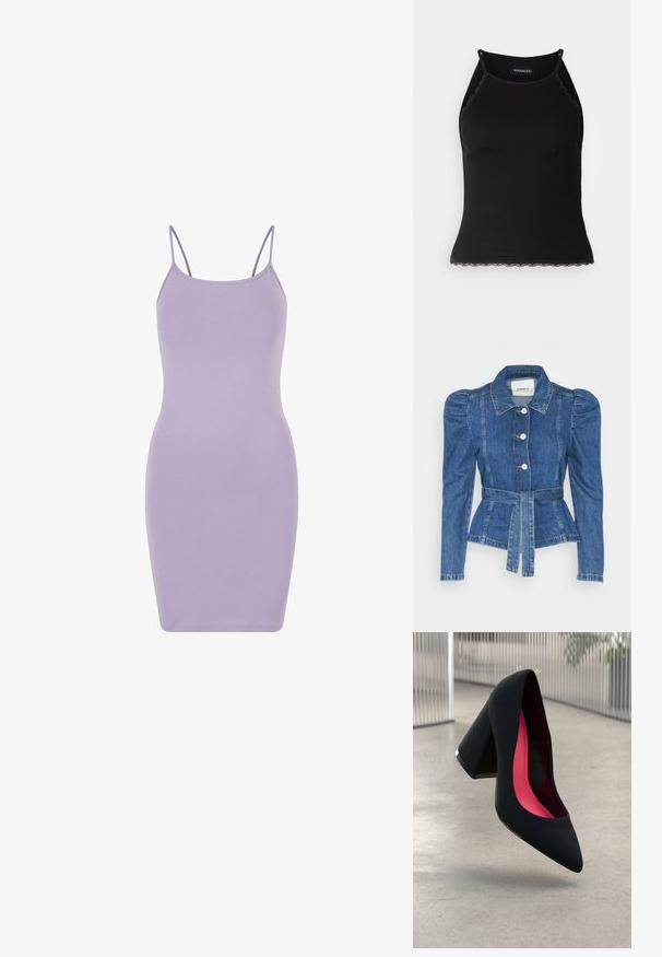 Spijkerjack met een ceintuur in de taille, een getailleerd lijfje en pofmouwen. Middelblauwe kleur, gestructureerd ontwerp en knoopsluitingen aan de voorkant.; Lila Bodycon jurk gemaakt van zachte, rekbare stof. Kenmerkt zich door dunne spaghettibandjes en een aansluitende silhoutte, met een gladde textuur overal.; Zwarte geribbelde tanktop met een scallooped kanten rand aan de onderkant. Heeft dunne bandjes en een aansluitend ontwerp. Gemaakt van rekbare stof.; Zwarte hoge hak met een spitse neus, textuur op het oppervlak en een opvallend roze interieur. Beschikt over een chunky hak met zilveren accent.