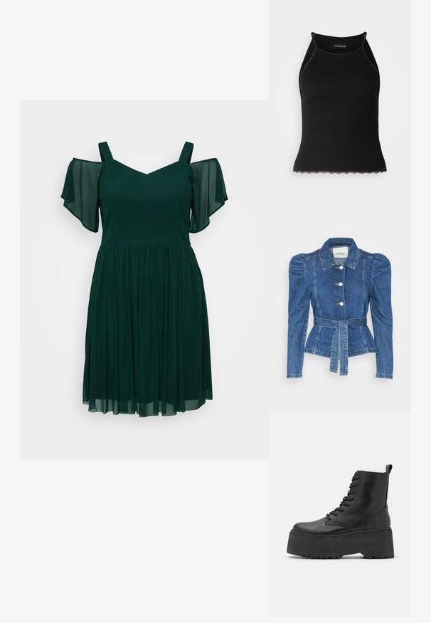 Jachetă din denim cu talie cu curea, bust ajustat și umeri bufanți. Culoare albastră medie, design structurat și închidere cu nasturi în față.; Rochie verde închis cu decolteu în V, umeri goi, mâneci scurte și fustă fluida, de lungime până la genunchi, dintr-un material ușor.; Top de bumbac negru cu nervuri, cu dantelă ondulată la margine. Are bretele subțiri și un design ajustat. Fabricat din material elastic.; Botine negre cu talpă platformă robustă, fabricate din piele netedă, având un design cu șireturi și o bandă de prindere în spate.