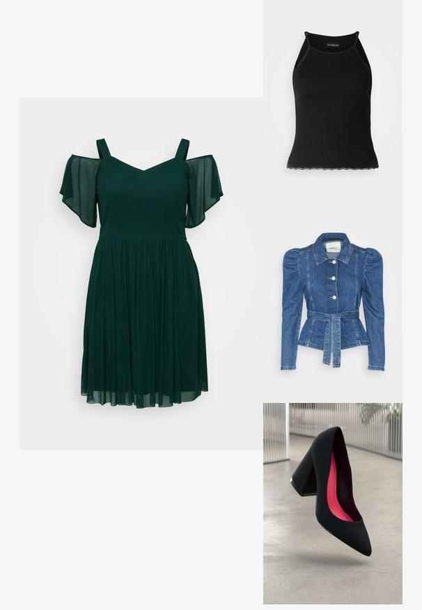 Džínová bunda s opaskom v páse, priliehavým telom a vypúknutými ramenami. Stredne modrá farba, štruktúrovaný dizajn a predné gombíkové zapínanie.; Tmavo zelené šaty s výstrihom do v a krátkymi rukávmi s otvorenými ramenami, s voľnou sukňou po kolená vyrobenou z ľahkej látky.; Čierny rebrovaný top bez rukávov so zvlneným čipkovým lemovaním na spodnom leme. Má tenké ramienka a priliehavý strih. Vyrobené z elastického materiálu.; Čierna lodička na vysokom opätku s špicatou špičkou, štruktúrovaným povrchom a živým ružovým interiérom. Obsahuje robustný opätok so strieborným akcentom.