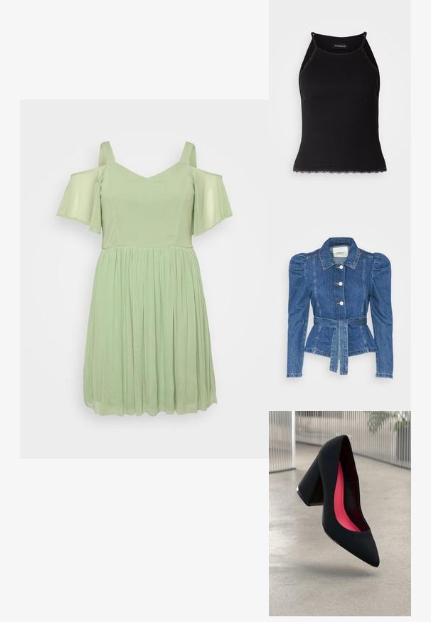 Denimo striukė su dirželiu liemens srityje, prigludusia forma ir pūstomis pečių dalimis. Vidutinio mėlynumo spalva, struktūrizuotas dizainas ir priekiniai mygtukų užsegimai.; Šviesiai žalia suknelė su atvirais pečiais, V formos iškirpte ir raukšlėta sijonu. Pagaminta iš minkštos, plaukmeninės medžiagos su lygiu paviršiumi.; Juodas raštuotas marškinėlis be rankovių su banginiu nėriniu apdaila apatine dalimi. Savybės: plonos petnešos ir prigludusi forma. Pagaminta iš tamprios medžiagos.; Juoda aukštakulnė bateliai su aštriu priekeliu ir tekstūruotu viršumi. Viduje ryškiai rožinė pamušalas. Kvadratinis kulnas su metaliniu akcentu pado pagrinde.