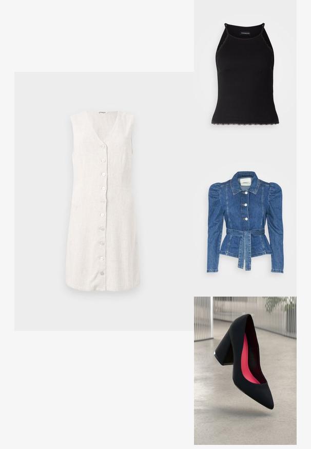 Denimo striukė su dirželiu liemens srityje, prigludusia forma ir pūstomis pečių dalimis. Vidutinio mėlynumo spalva, struktūrizuotas dizainas ir priekiniai mygtukų užsegimai.; Bežinė be rankovių lininė suknelė su V formos iškirpte ir priekyje esančiu užsegimu, kuriame yra šeši apvalūs šviesūs mygtukai. Paprastas ir tiesus dizainas.; Juodas raštuotas marškinėlis be rankovių su banginiu nėriniu apdaila apatine dalimi. Savybės: plonos petnešos ir prigludusi forma. Pagaminta iš tamprios medžiagos.; Juodas aukštakulnis batai su smailiu pirštu, su tekstūruota paviršiumi ir ryškiai rožiniu vidumi. Su tiek dideliu kulnu, tiek sidabriniu akcentu.