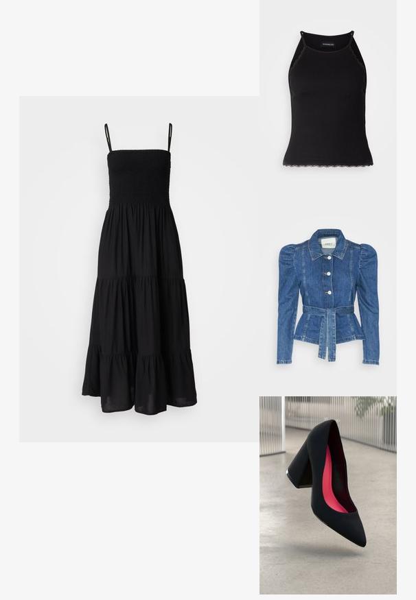 Denim jakna z pasom, prilegajoča bodica in napihnjena ramena. Srednje modra barva, strukturna zasnova in sprednje gumbne zanke.; Črna brezrokavna obleka z oprijeto smockano izrezom in večplastnim, lahkotnim krilom. Narejena je iz lahkega materiala in ima nastavljive naramnice.; Črn rebrast top brez rokavov z valovitimi čipkastimi robovi na dnu. Ima tanke naramnice in oprijet kroj. Narejen je iz raztegljivega materiala.; Črne visoke petke z nazobčanim prstom, teksturirano površino in živahnimi rožnatimi notranjimi deli. Imajo robustno peto z srebrnim akcentom.