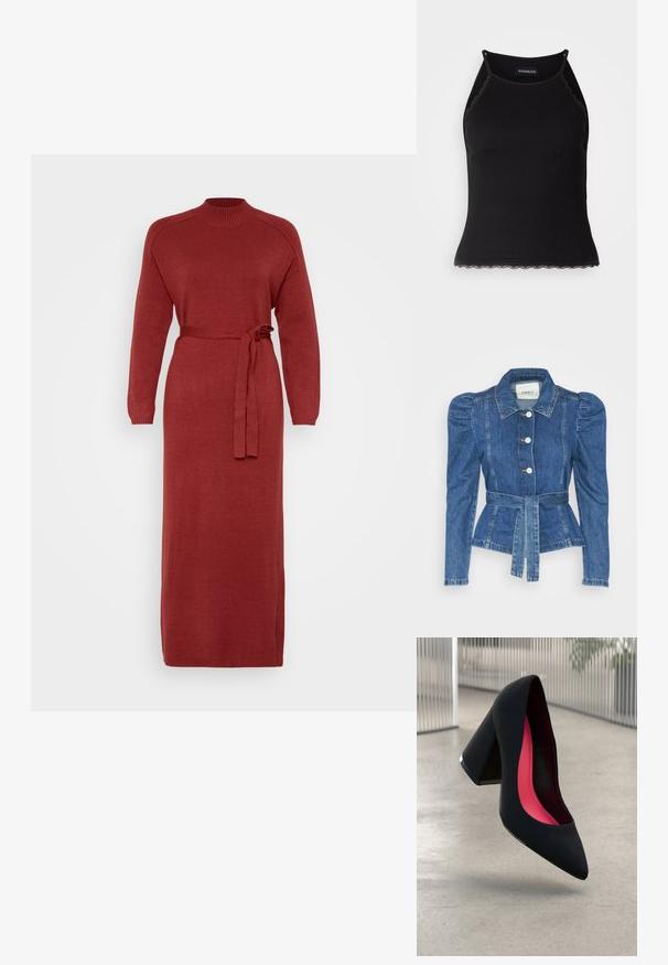 Casaco de ganga com cintura ajustada, corpete justo e ombros bufantes. Cor azul média, design estruturado e fecho frontal por botões.; Vestido de malha longo e vermelho, com mangas compridas, gola alta e cintura cingida. Apresenta um corte reto e punhos canelados, fabricado em tecido suave.; T-shirt sem mangas preto com acabamento em renda frisada na barra. Apresenta alças finas e um design justo. Feito de um tecido elástico.; Sapato de salto alto preto com bico puntiagudo, superfície texturizada e um interior vibrante em rosa. Apresenta um salto grosso com detalhe em prata.