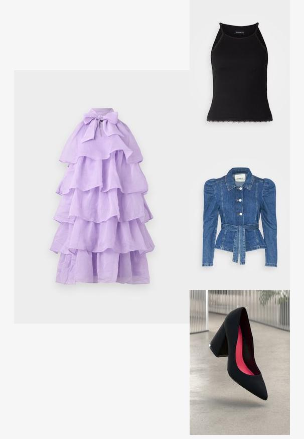 Džinsu jaka ar jostas vidukli, pieguļošu augšdaļu un pūšām plecu daļām. Vidēji zila krāsa, strukturēts dizains un priekšējie pogu aizdarījumi.; Violeta frillota kleita ar daudzslāņu dizainu, kurai ir augsts kakla izgriezums un lentīšu akcents apkaklē. Izgatavota no viegla materiāla.; Melna ribota topiņa ar izšūtu mežģīņu apdari apakšmalā. Iezīmē plānas siksniņas un pielāgotu piegriezumu. Izgatavota no stiepjama auduma.; Melna augsta papēža kurpe ar smailu purngalu, teksturētu virsmu un dzīvespriecīgu rozā interjeru. Satur masīlu papēdi ar sudraba akcentu.