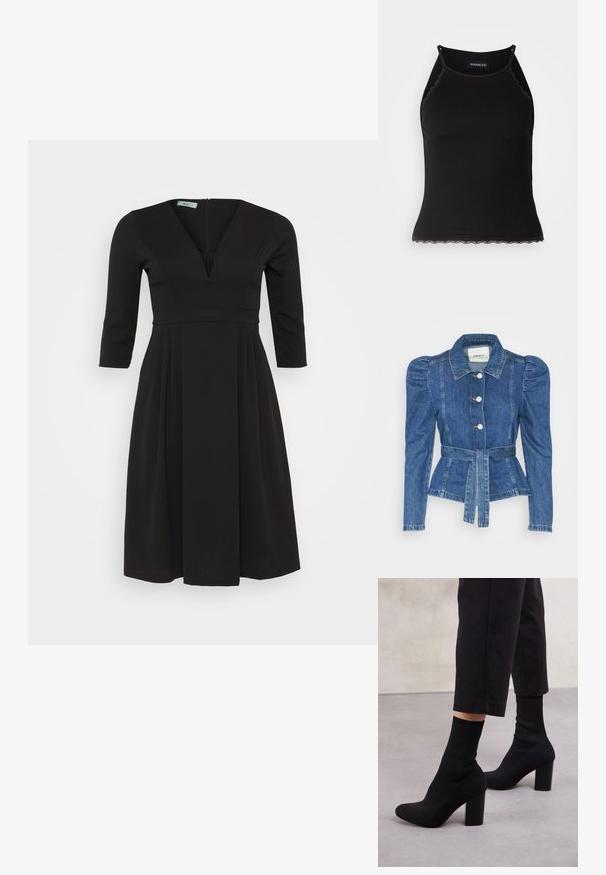 Veste en denim avec une taille ceinturée, un buste ajusté et des épaules bouffantes. Couleur bleu moyen, design structuré et fermetures à boutons sur le devant.; Robe noire en tissu lisse, avec un décolleté en V profond, des manches trois-quarts et une jupe plissée avec une fermeture éclair au dos.; Débardeur noir à côtes avec une bordure en dentelle festonnée à l'ourlet. Présente des bretelles fines et une coupe ajustée. Fabriqué en tissu extensible.; Bottines à talons noires avec un dessus en ribbed comme une chaussette, surface lisse, bout rond et un talon carré pour plus de stabilité.