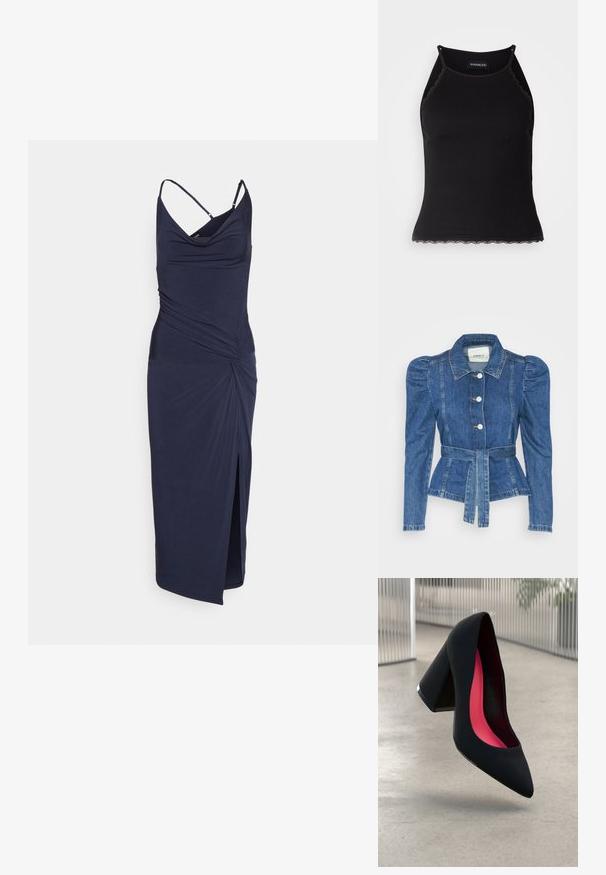 Spijkerjack met een ceintuur in de taille, een getailleerd lijfje en pofmouwen. Middelblauwe kleur, gestructureerd ontwerp en knoopsluitingen aan de voorkant.; Marineblauwe, mouwloze jurk van rekbare stof; heeft een gedrapeerde halslijn, gedraaide taille en een zijsplits.; Zwarte geribbelde tanktop met een scallooped kanten rand aan de onderkant. Heeft dunne bandjes en een aansluitend ontwerp. Gemaakt van rekbare stof.; Zwarte hoge hak met een spitse neus, textuur op het oppervlak en een opvallend roze interieur. Beschikt over een chunky hak met zilveren accent.