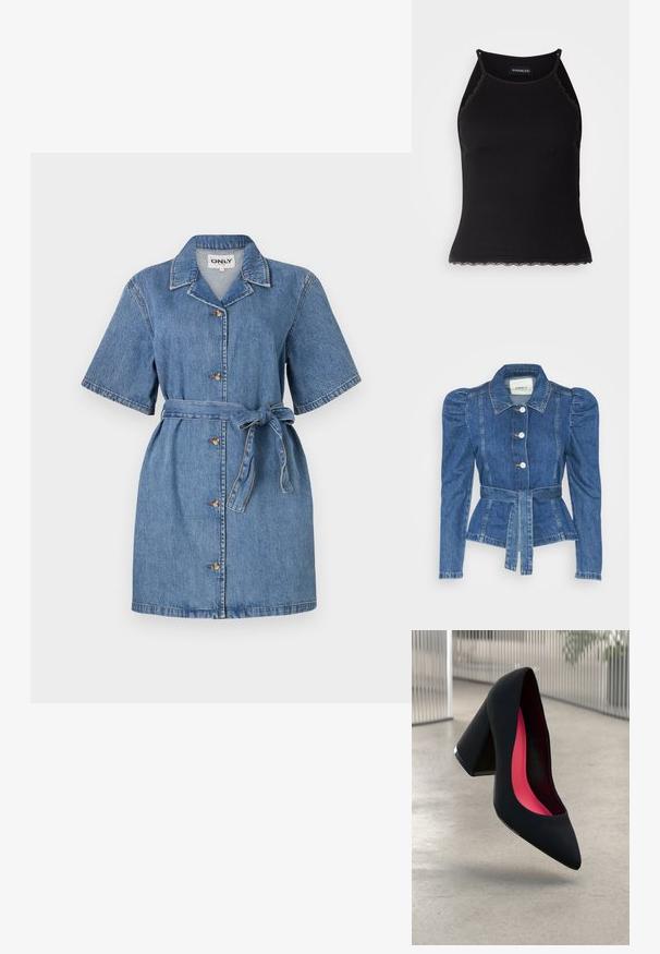 Casaco de ganga com cintura ajustada, corpete justo e ombros bufantes. Cor azul média, design estruturado e fecho frontal por botões.; Vestido de ganga com mangas curtas, gola, botões à frente e um cinto atado na cintura. Tecido azul com uma textura suave e detalhes de costura subtis.; T-shirt sem mangas preto com acabamento em renda frisada na barra. Apresenta alças finas e um design justo. Feito de um tecido elástico.; Sapato de salto alto preto com bico puntiagudo, superfície texturizada e um interior vibrante em rosa. Apresenta um salto grosso com detalhe em prata.