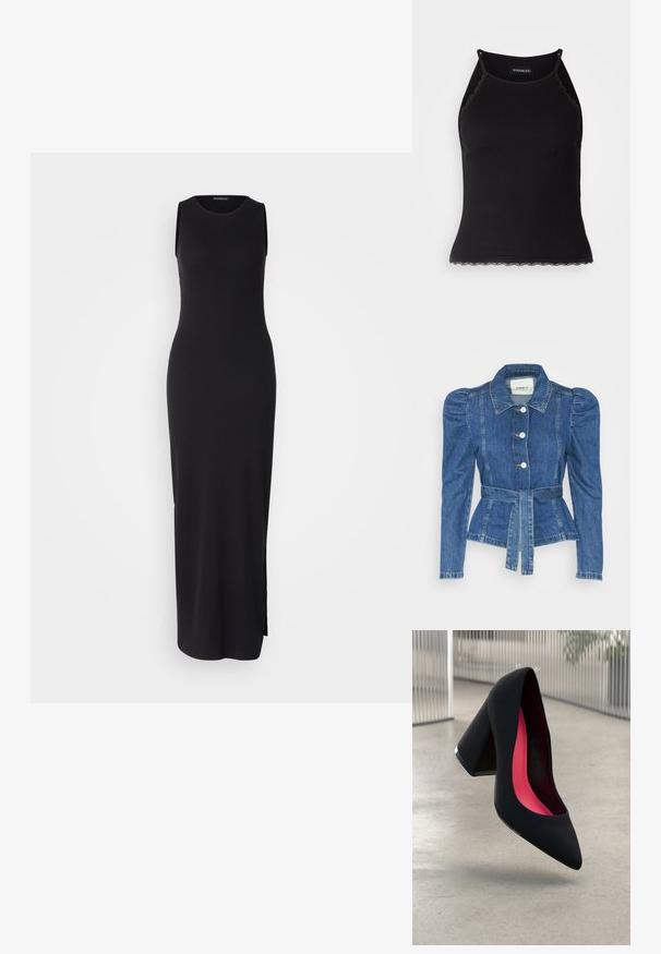 Jeansowa kurtka z pasem w talii, dopasowaną górą i bufiaste ramiona. Średni niebieski kolor, usztywniony fason oraz zapięcie na guziki z przodu.; Czarna maksydługa sukienka bez rękawów o dopasowanym kroju, z fakturą prążkową, okrągłym dekoltem i bocznym rozcięciem dla swobody ruchów.; Czarny ribbed top na ramiączkach z falbaniastym koronkowym wykończeniem u dołu. Posiada cienkie ramiączka i dopasowany krój. Wykonany z rozciągliwego materiału.; Czarna szpilka o spiczastym nosie, z teksturowaną powierzchnią i intensywnie różowym wnętrzem. Posiada masywny obcas z srebrnym akcentem.