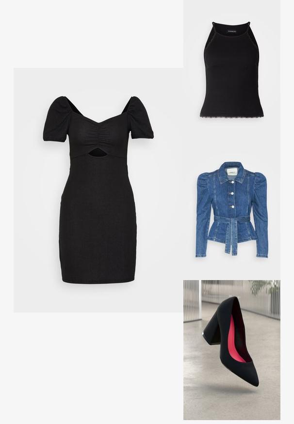 Casaco de ganga com cintura ajustada, corpete justo e ombros bufantes. Cor azul média, design estruturado e fecho frontal por botões.; Vestido bodycon preto com mangas bufantes, detalhe franzido à frente e recorte sob o busto. Feito de tecido texturizado e elástico.; T-shirt sem mangas preto com acabamento em renda frisada na barra. Apresenta alças finas e um design justo. Feito de um tecido elástico.; Sapato de salto alto preto com bico puntiagudo, superfície texturizada e um interior vibrante em rosa. Apresenta um salto grosso com detalhe em prata.