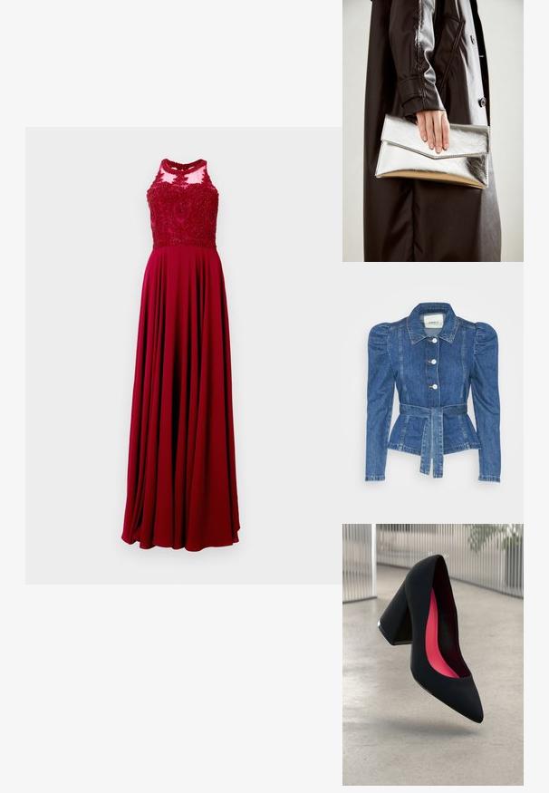 Jeansjacka med midjebälte, åtsittande liv och puffiga axlar. Mellanblå färg, strukturerad design och knäppning fram.; Lång röd klänning med en figurnära överdel och intrikata pärlarbeten samt en svävande kjol. Materialet verkar slätt med en subtil lyster.; Svart högklackad sko med spetsig tå och texturerad ovandel. Insidan har en ljusrosa foder. Fyrkantig klack med metallisk detalj vid basen.; Silverfärgad metallisk kuvertväska med en vinkelrät design, slät textur och kontrasterande innervärd, hålls i en hand som bär en svart kappa.
