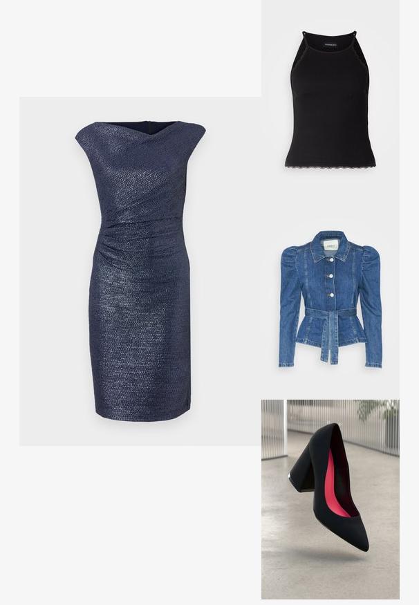 Jeansjakke med belte i midjen, tettsittende midje og puffede skuldre. Medium blå farge, strukturert design og frontknapper.; Knelang navy kjole med teksturert finish, med drapert utrigning og rynk i midjen for en figurnær silhuett.; Svart ribbet tanktopp med scallop lace detaljer i kanten. Har tynne stropper og en kroppsnær design. Laget av elastisk stoff.; Svart høye hæler med spiss tå, teksturert overflate og en livlig rosa innside. Har en kraftig hæl med sølvdetaljer.