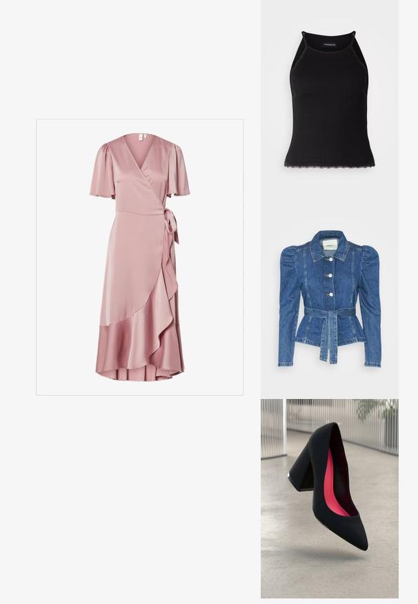 Jeansjakke med belte i midjen, tettsittende midje og puffede skuldre. Medium blå farge, strukturert design og frontknapper.; Omslagskjole i myk rosa sateng med korte puffærmer, et belte i livet og rynket kantdetalj for ekstra tekstur.; Svart ribbet tanktopp med scallop lace detaljer i kanten. Har tynne stropper og en kroppsnær design. Laget av elastisk stoff.; Svart høye hæler med spiss tå, teksturert overflate og en livlig rosa innside. Har en kraftig hæl med sølvdetaljer.