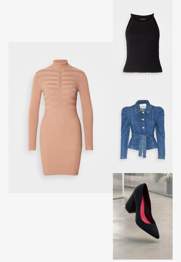 Veste en denim avec une taille ceinturée, un buste ajusté et des épaules bouffantes. Couleur bleu moyen, design structuré et fermetures à boutons sur le devant.; Robe en tricot de pêche doux avec un col haut. Présente une texture côtelée contrastant avec des sections rayées sur le corps et les manches.; Débardeur noir à côtes avec une bordure en dentelle festonnée à l'ourlet. Présente des bretelles fines et une coupe ajustée. Fabriqué en tissu extensible.; Chaussure à talon haut noire avec un bout pointu et une tige texturée. Intérieur avec une doublure rose vif. Talon carré avec un accent métallique à la base.