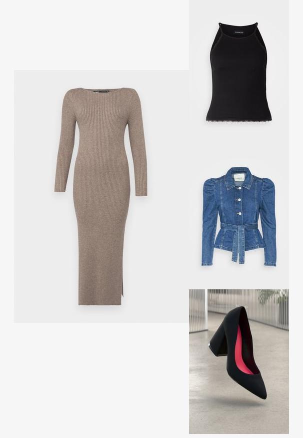 Džinsu jaka ar jostas vidukli, pieguļošu augšdaļu un pūšām plecu daļām. Vidēji zila krāsa, strukturēts dizains un priekšējie pogu aizdarījumi.; Ribota džemperkleita mierīgā taupe krāsā, ar garām piedurknēm, laivu formas kaklu un sānskatām, kas nodrošina brīvību kustībai.; Melna ribota topiņa ar izšūtu mežģīņu apdari apakšmalā. Iezīmē plānas siksniņas un pielāgotu piegriezumu. Izgatavota no stiepjama auduma.; Melna augsta papēža kurpe ar smailu purngalu, teksturētu virsmu un dzīvespriecīgu rozā interjeru. Satur masīlu papēdi ar sudraba akcentu.