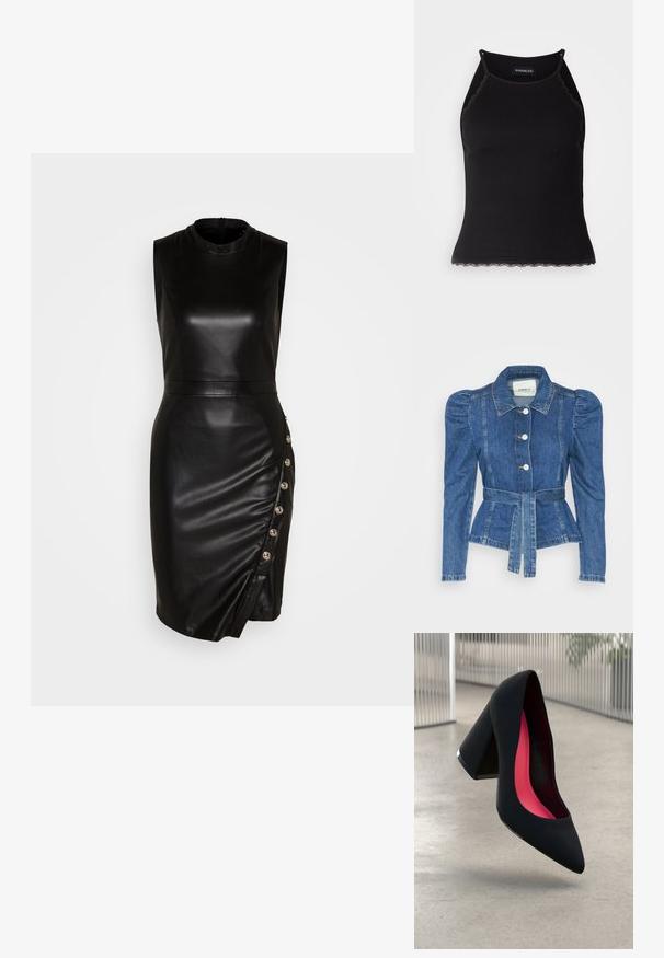 Giacca in denim con vita cintrata, corpino aderente e spalle imbottite. Colore blu medio, design strutturato e chiusura frontale con bottoni.; Abito senza maniche in pelle nera con collo alto, silhouette aderente, orlo asimmetrico e bottoni decorativi lungo la cucitura laterale.; Top in maglia nera a coste con bordo in pizzo ondulato all'orlo. Presenta spalline sottili e un design aderente. Realizzato in tessuto elasticizzato.; Scarpa con tacco alto nera, con punta affusolata, superficie testurizzata e un vivace interno rosa. Presenta un tacco spesso con un accento argentato.