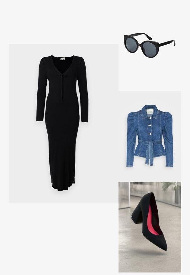Jeansjacka med midjebälte, åtsittande liv och puffiga axlar. Mellanblå färg, strukturerad design och knäppning fram.; Svart ribbad stickad klänning med långa ärmar, v-ringad halsringning och en rosettdetalj fram. Har en figurnära design och en utsvängd nederdel.; Svart högklackad sko med spetsig tå, texturerad yta och en livlig rosa inredning. Har en kraftig klack med silverdetaljer.; Svarta överdimensionerade solglasögon med kattögaform, mörkt tonade linser och blank plastbåge. Har tjocka skalmar för stöd.