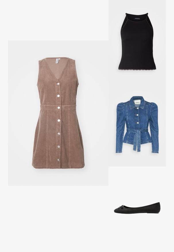 Denimiga jope, mille vöökoht on reguleeritav, kehaosa on kitsas ja õlavarred on puhvaariga. Keskmise sinise värvusega, struktureeritud disain ja ees nupulukud.; Pruunist korduroolist ilma varrukateta kleit, millel on V-kaelus, esine nööbikinnitus ja vöö, mis rõhutab figuuri. Õrn sooniline tekstuur.; Must mustriba top musta servadega äärega. Omab peeneid rihmu ja istuvat disaini. Valmistatud venivast kangast.; Mustad sametist balleti kingad ümarate varvastega, esiosa kaunistava paeltega ja lame tald. Sile tekstuur ja klassikaline kuju.