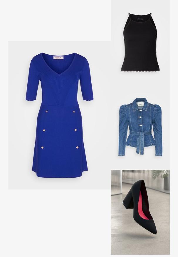 Giacca in denim con vita cintrata, corpino aderente e spalle imbottite. Colore blu medio, design strutturato e chiusura frontale con bottoni.; Morgan Abito in maglia - royal; Top in maglia nera a coste con bordo in pizzo ondulato all'orlo. Presenta spalline sottili e un design aderente. Realizzato in tessuto elasticizzato.; Scarpa con tacco alto nera, con punta affusolata, superficie testurizzata e un vivace interno rosa. Presenta un tacco spesso con un accento argentato.