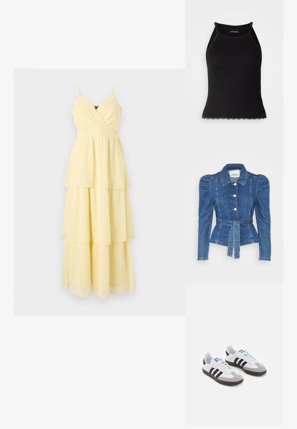 Casaco de ganga com cintura ajustada, corpete justo e ombros bufantes. Cor azul média, design estruturado e fecho frontal por botões.; Vestido midi amarelo, em camadas, com alças finas, decote em V e bolinhas texturizadas. Apresenta um corpete ajustado e uma saia fluida e em camadas.; T-shirt sem mangas preto com acabamento em renda frisada na barra. Apresenta alças finas e um design justo. Feito de um tecido elástico.; Ténis desportivos com um cabedal em pele branca, biqueira em camurça cinza e três riscas pretas. Apresenta um logo azul na língua e uma sola de borracha texturizada.