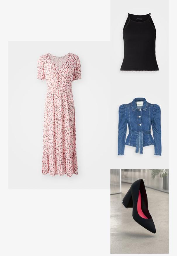 Džínová bunda s opaskom v páse, priliehavým telom a vypúknutými ramenami. Stredne modrá farba, štruktúrovaný dizajn a predné gombíkové zapínanie.; Kvetinové maxi šaty v bielej farbe s maličkých červených kvetov, s výstrihom do V, krátkymi rozšírenými rukávmi a zberaným pásom. Obsahujú volánový lem.; Čierny rebrovaný top bez rukávov so zvlneným čipkovým lemovaním na spodnom leme. Má tenké ramienka a priliehavý strih. Vyrobené z elastického materiálu.; Čierna lodička na vysokom opätku s špicatou špičkou, štruktúrovaným povrchom a živým ružovým interiérom. Obsahuje robustný opätok so strieborným akcentom.