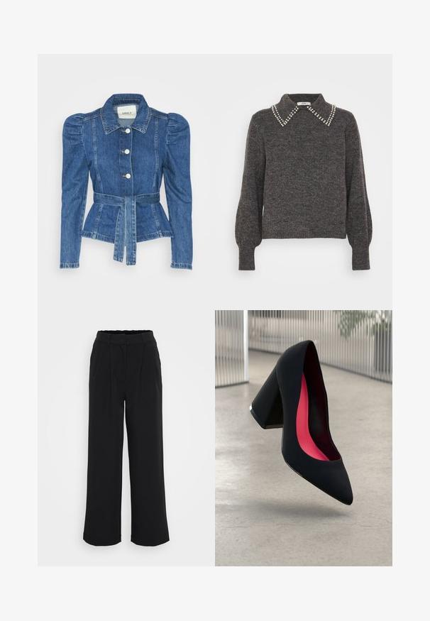 Denim jacket with a belted waist, fitted bodice, and puffed shoulders. Medium blue color, structured design, and front button closures.; Dark gray sweater with a textured knit, featuring a collar adorned with pearl accents and puffed sleeves, ribbed cuffs, and hem.; Black wide-leg trousers made from a smooth fabric, featuring a pleated front, elastic waistband, and no visible pockets or hardware.; Black high heel shoe with a pointed toe, textured surface, and a vibrant pink interior. Features a chunky heel with silver accent.