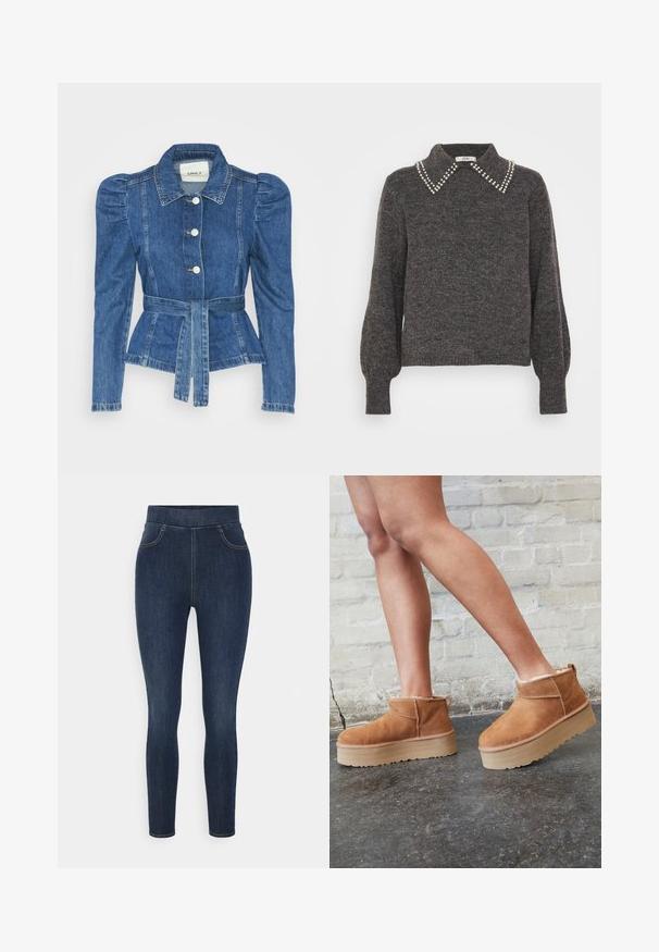 Denimiga jope, mille vöökoht on reguleeritav, kehaosa on kitsas ja õlavarred on puhvaariga. Keskmise sinise värvusega, struktureeritud disain ja ees nupulukud.; Tumehall villane kampsun tekstureeritud kudumisega, millel on pärlitega kaunistatud krae ja puhviga varrukad, sooniku cuffs ja allääres.; Tumedast sinisest denimist jeggingsid, millel on kõrge vöökoht, peen vorm ja õrn kulumine. Includes esikotid ja sile, pehme tekstuur.; Pruunist seemsest valmistatud pahkluu saapad, millel on pehme vooder, paks beež platvormi konts ja tagumine tõmblukk. Tekstureeritud pind nähtavate õmbluse detailidega.