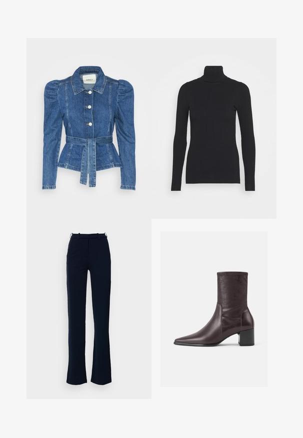 Casaco de ganga com cintura ajustada, corpete justo e ombros bufantes. Cor azul média, design estruturado e fecho frontal por botões.; Pullover preto de gola alta com riscas, apresentando mangas longas e um corte justo. A textura é suave com um padrão de riscas horizontais.; Calças azul-marinho com um design de perna reta, feitas de um tecido suave, com passantes para cinto e fecho de cremalheira na frente.; Botins burgundy feitos de couro liso com biqueira pontiaguda e salto quadrado. O cano é elegante e ajustado, indo até a metade da panturrilha.