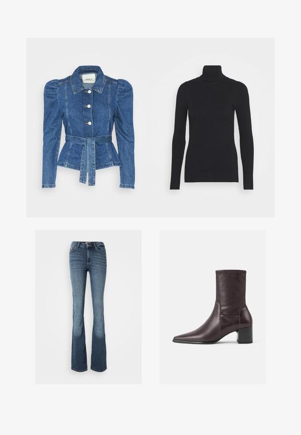 Riposso takki, jossa on vyöllinen vyötärö, istuva vartalo ja puffatut olkapäät. Keskisininen väri, rakenteellinen muotoilu ja etupainetut napit.; Musta ribbattu poolopaita, jossa on pitkät hihat ja tiukka siluetti. Tekstuuri on sileä vaakasuorilla ribbidoilla.; Bootcut-farkut, jotka on valmistettu sinisestä denimistä. Ominaisuuksiin kuuluu keskikorkea vyötärö, viisi taskua, huomaamaton ommel ja hieman haalistunut ilme lahkeissa.; Burgundi nilkkurit, jotka on valmistettu sileästä nahasta, teräväkärkiset ja paksut korot. vartalo on tyylikäs ja tiukka, ulottuen polven keskikohtaan.