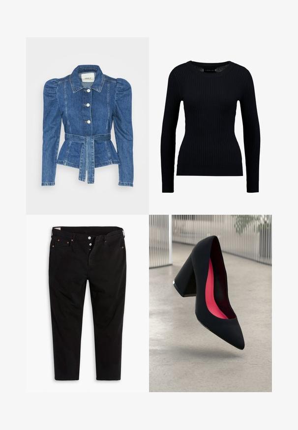 Riposso takki, jossa on vyöllinen vyötärö, istuva vartalo ja puffatut olkapäät. Keskisininen väri, rakenteellinen muotoilu ja etupainetut napit.; Mustakuvioinen, pitkähihaisen neulepaita, jossa on pyöreä pääntie ja vartalonmyötäinen siluetti. Tekstuuri on sileä ja siinä on hienovarainen joustavuus.; Mustat farkut suoralla lahkeella. Viisi taskua, metallinappikiinnitykset ja oranssit ompeluaksentit. Puuvillamateriaali.; Musta korkokenkä, jossa on terävä kärki, teksturoitu pinta ja kirkkaan vaaleanpunainen sisus. Varustettu tukevalla kannalla, jossa on hopeinen yksityiskohta.