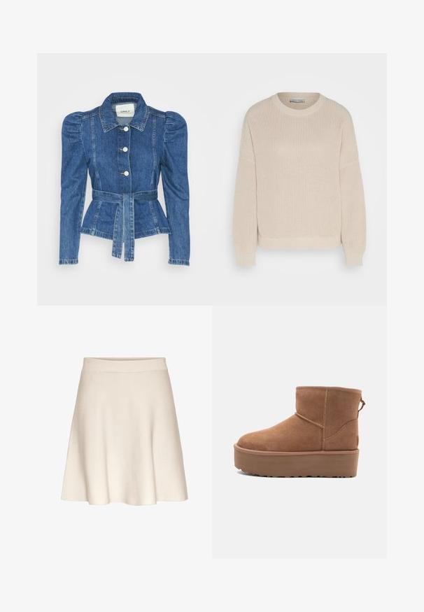Denim jacket with a belted waist, fitted bodice, and puffed shoulders. Medium blue color, structured design, and front button closures.; Anna Field Jumper - grey; A flared, beige skirt made from soft fabric with a smooth texture, featuring a wide waistband and a knee-length hem.; Tan suede ankle boot with a platform sole, rounded toe, and stitching accents; features a pull tab at the back for easy wear.