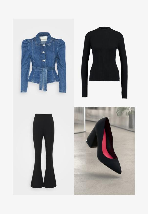 Denim jakna z pasom, prilegajoča bodica in napihnjena ramena. Srednje modra barva, strukturna zasnova in sprednje gumbne zanke.; Črn rebrast pulover z visokim ovratnikom in dolgimi rokavi, ki se prilega telesu, z gladko teksturo in strukturirano silhueto.; Črne široke hlače iz raztegljive tkanine. Oblikovanje vključuje visok pas in razširjen rob, ki se odpira pod kolenom.; Črne visoke petke z nazobčanim prstom, teksturirano površino in živahnimi rožnatimi notranjimi deli. Imajo robustno peto z srebrnim akcentom.