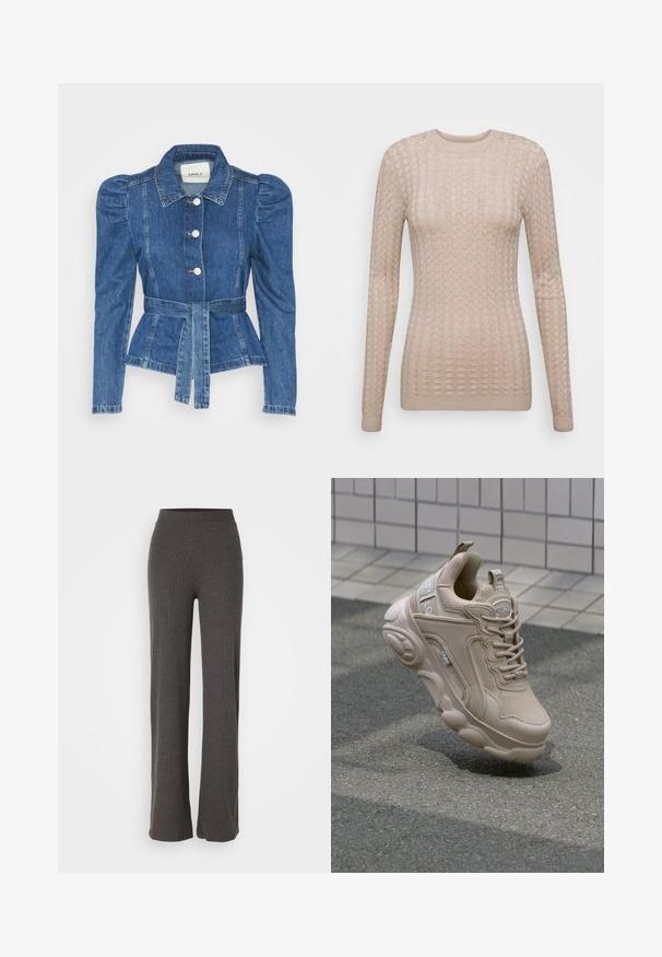 Jachetă din denim cu talie cu curea, bust ajustat și umeri bufanți. Culoare albastră medie, design structurat și închidere cu nasturi în față.; Pulover bej cu mânecă lungă, cu un model texturat, având un guler rotund și mansete din tricot. Fabricat dintr-un material moale, ușor.; Pantaloni tricotati gri cu dungi, cu un croi larg și o talie elastică. Materialul are un aspect texturat, oferind o potrivire confortabilă.; Pantofii sport bej au un upper din plasă și material sintetic, cu un guler căptușit și un talpă masivă cu accente texturate. Brandingul este vizibil pe lateral.