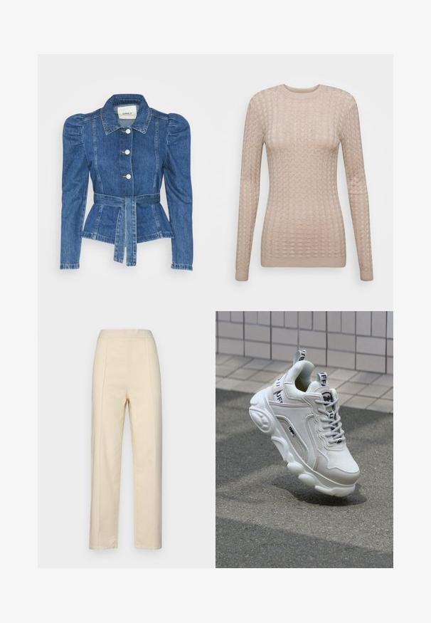 Denimiga jope, mille vöökoht on reguleeritav, kehaosa on kitsas ja õlavarred on puhvaariga. Keskmise sinise värvusega, struktureeritud disain ja ees nupulukud.; Beige pikkade varrukatega kampsun, millel on tekstureeritud muster, ümmargune kaelus ja soonikkoes mansetid. Valmistatud pehmest ja kergest kangast.; Kreemivärvilised sirged püksid, valmistatud puuvillast, ees rütmid, sile tekstuur ja elastne vöökoht, millel pole nähtavaid detaile.; Valge tenniseking, mis on valmistatud võrgu- ja nahamaterjalidest, ümardatud varbaga, paksu tallaga, silmapaistvate paeltega ning brändingu ja sildiga kandadel ja keeltel.