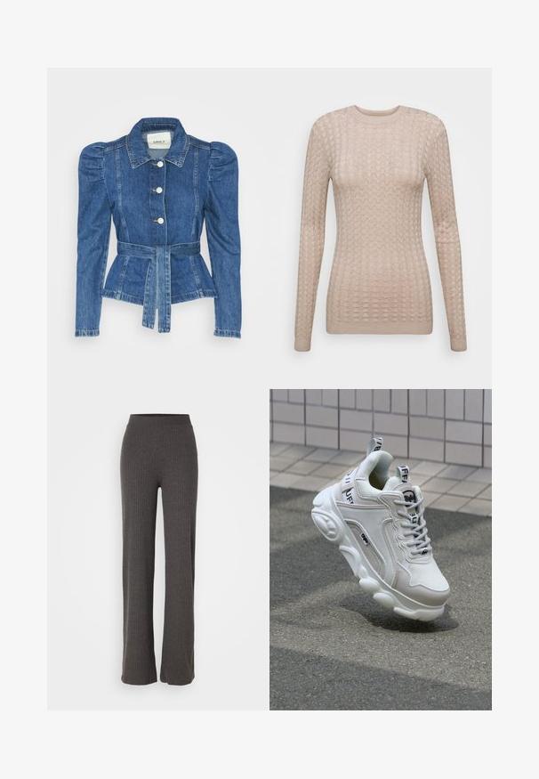 Denim jacket with a belted waist, fitted bodice, and puffed shoulders. Medium blue color, structured design, and front button closures.; Beige long-sleeve sweater with a textured pattern, featuring a round neckline and ribbed cuffs. Made from a soft, lightweight fabric.; Gray ribbed knit pants with a wide leg and an elastic waistband. The fabric has a textured appearance, offering a relaxed fit.; White sneaker with mesh and leather materials, rounded toe, thick sole, prominent laces, and branding on the heel and tongue.