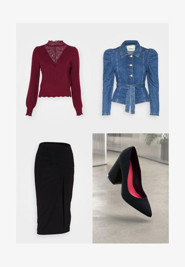 Jeansjacke mit tailliertem Schnitt, fitted Oberteil und gepufften Schultern. Mittelblaue Farbe, strukturierte Form und Frontknopfverschlüsse.; Bordeauxfarbener Pullover mit einem Spitzenpaneel und gewelltem Saum. Lange Ärmel mit Rippenbündchen. Verfügt über ein V-Ausschnitt-Design und strukturstrick.; Schwarzer, geraffter Bleistiftrock mit Bindegürtel und seitlichem Schlitz. Hergestellt aus einem dehnbaren Stoff, mit glatter Textur und figurschmeichelndem Design.; Schwarzer High Heel Schuh mit spitzer Zehe, strukturiertem Obermaterial und lebhaftem pinken Innenraum. Verfügt über einen dicken Absatz mit silberner Akzentuierung.