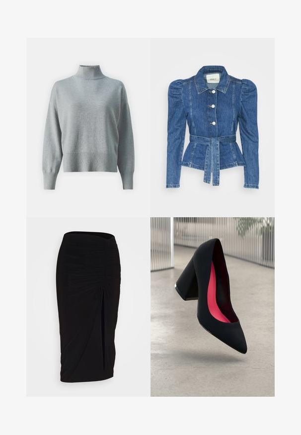 Jeansjacka med midjebälte, åtsittande liv och puffiga axlar. Mellanblå färg, strukturerad design och knäppning fram.; Ljusgrå stickad tröja med hög ribbad krage, avslappnad passform, förlängda ärmar och ribbad nederkant. Mjuk textur och minimalistisk design.; Svart, rynkad pennkjol med knytning och en sidoslits. Tillverkad av ett elastiskt tyg, med en jämn yta och figurnära design.; Svart högklackad sko med spetsig tå, texturerad yta och en livlig rosa inredning. Har en kraftig klack med silverdetaljer.