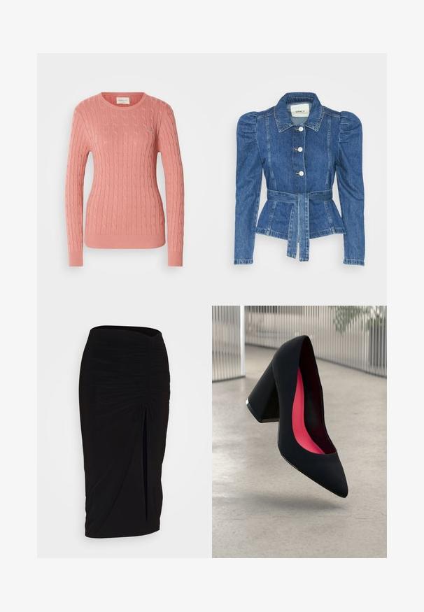 Džínová bunda s opaskom v páse, priliehavým telom a vypúknutými ramenami. Stredne modrá farba, štruktúrovaný dizajn a predné gombíkové zapínanie.; Mäkký ručne pletený sveter v jemne ružovej farbe, s okrúhlym výstrihom a dlhými rukávmi. Textúrovaný vzor pridáva hĺbku. Discretne logo na hrudníku.; Čierna, riasená ceruzková sukňa s viazaním a bočným rozparkom. Vyrobená z elastického materiálu, s hladkou textúrou a priliehavým dizajnom.; Čierna lodička na vysokom opätku s špicatou špičkou, štruktúrovaným povrchom a živým ružovým interiérom. Obsahuje robustný opätok so strieborným akcentom.