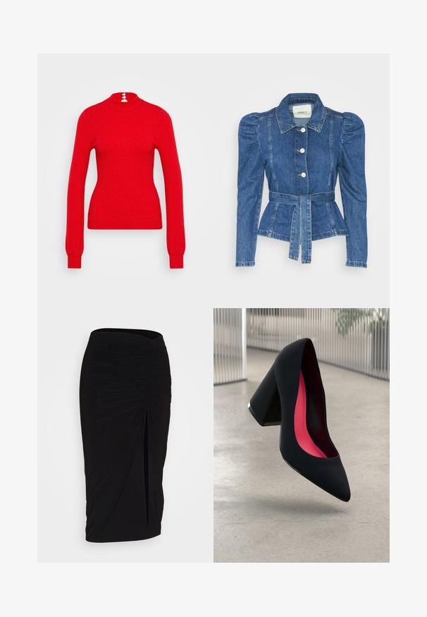 Džinsu jaka ar jostas vidukli, pieguļošu augšdaļu un pūšām plecu daļām. Vidēji zila krāsa, strukturēts dizains un priekšējie pogu aizdarījumi.; Sarkanais vītņu turtlenecks džemperis ar garām piedurknēm un pieguļošu siluetu. Aizmugurē ir trīs baltās pogas ap kaklu.; Melna, ručām veidota zīda svārku ar saišu detaļu un sānu izgriezumu. Izgatavota no elastīga auduma, ar gludu tekstūru un pieguļošu dizainu.; Melna augsta papēža kurpe ar smailu purngalu, teksturētu virsmu un dzīvespriecīgu rozā interjeru. Satur masīlu papēdi ar sudraba akcentu.