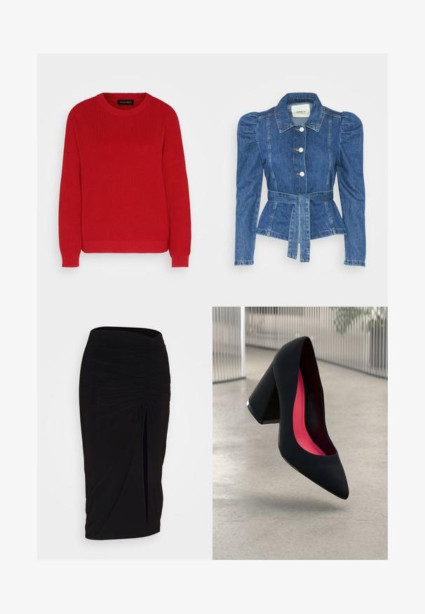 Casaco de ganga com cintura ajustada, corpete justo e ombros bufantes. Cor azul média, design estruturado e fecho frontal por botões.; Sweater de malha vermelha com decote arredondado, textura canelada e mangas ligeiramente oversized. Apresenta uma bainha reta e tecido durável.; Saia lápis preta, franzida, com detalhe de laço e uma fenda lateral. Feita de um tecido elástico, apresenta uma textura suave e um design justo ao corpo.; Sapato de salto alto preto com bico puntiagudo, superfície texturizada e um interior vibrante em rosa. Apresenta um salto grosso com detalhe em prata.