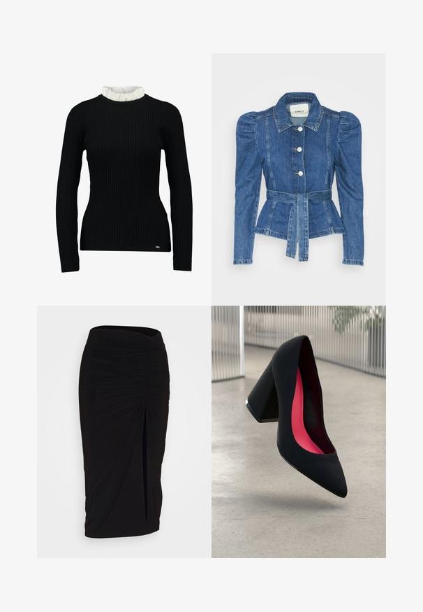 Denimjakke med beltedal, tætsiddende liv og puffede skuldre. Mellemblå farve, struktureret design og frontknaplukninger.; Sort ribbet langærmet top med hvidt flæsekantdetalje, der har en tætsiddende form og blød tekstur. Diskret logo ved kanten.; Sort, rynket blyantskørt med bindebånd og en sidelæg. Fremstillet af et strækbart stof, der har en glat overflade og en tætsiddende pasform.; Sort højhælet sko med spids snude og tekstureret overdel. Indvendigt indeholder den lyserød foer. Kvadratisk hæl med metalaccent ved bunden.