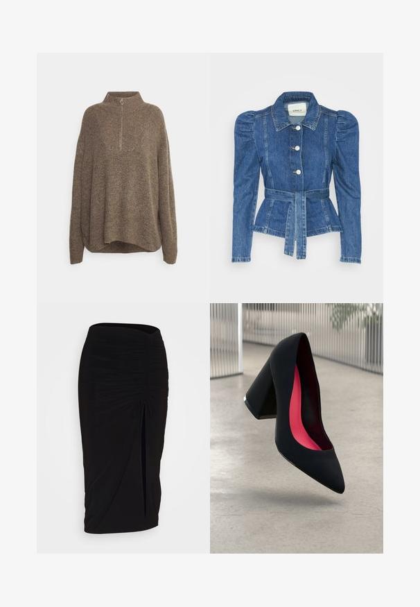 Denimiga jope, mille vöökoht on reguleeritav, kehaosa on kitsas ja õlavarred on puhvaariga. Keskmise sinise värvusega, struktureeritud disain ja ees nupulukud.; Pruun kudumiga kampsun, millel on kõrge kaelus, ribakudumise tekstuur ja pooltõmbe lukuga ringikujuline tõmblukk. Lõdva istumisega ja rippuvate õlgadega.; Mustast, rikutud pliiatsiseelik sidumisdetailiga ja küljes lahtise lõhenemisega. Valmistatud venivast kangast, millel on sile tekstuur ja keha lähedane lõige.; Mustad must kõrged kontsad, terava ninaga, tekstuurse pinnaga ning erksa roosa sisemusega. Omab paksu kontsa koos hõbedase aktsendiga.