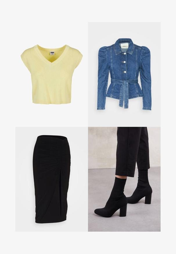 Jeansowa kurtka z pasem w talii, dopasowaną górą i bufiaste ramiona. Średni niebieski kolor, usztywniony fason oraz zapięcie na guziki z przodu.; Żółta, prążkowana bluzka na krótki rękaw w serek o luźnym kroju. Wykonana z lekkiego materiału, posiada subtelną teksturę i prosty dół.; Czarna, marszczona spódnica typu ołówkowego z węzłem i bocznym rozcięciem. Wykonana z elastycznego materiału, o gładkiej fakturze i dopasowanym kroju.; Czarne botki na obcasie za kostkę z prążkowanym cholewką przypominającą skarpetę, gładką powierzchnią, okrągłym noskiem oraz stabilnym słupkowym obcasem.