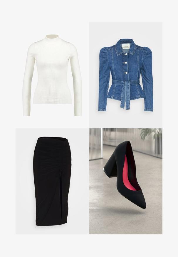 Denim jacket with a belted waist, fitted bodice, and puffed shoulders. Medium blue color, structured design, and front button closures.; Ribbed white long-sleeve turtleneck top with a fitted design and smooth texture, featuring a high neckline and slim silhouette.; Black, ruched pencil skirt with tie detail and a side slit. Made from a stretchy fabric, featuring a smooth texture and form-fitting design.; Black high heel shoe with a pointed toe, textured surface, and a vibrant pink interior. Features a chunky heel with silver accent.