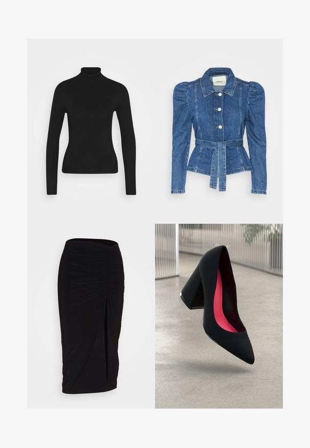 Denim jakna z pasom, prilegajoča bodica in napihnjena ramena. Srednje modra barva, strukturna zasnova in sprednje gumbne zanke.; Črn pulover s turtleneck ovratnikom in dolgimi rokavi, izdelan iz gladkega pletenega materiala. Ima prilegan kroj in rebrast ovratnik.; Črna, nabrana svinčnik krilo z detajlom v obliki traku in stranskim razporkom. Narejeno iz raztegljive tkanine, ki se ponaša z gladko teksturo in oblikovanjem, ki se prilega telesu.; Črne visoke petke z nazobčanim prstom, teksturirano površino in živahnimi rožnatimi notranjimi deli. Imajo robustno peto z srebrnim akcentom.